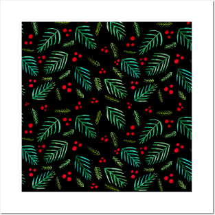 Christmas tree branches and berries - black and green Posters and Art